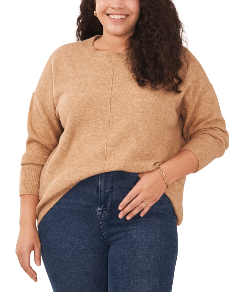 Front of a model wearing a size 1X Carrie Cozy Sweater in LATTE HTHR by Vince Camuto. | dia_product_style_image_id:261709
